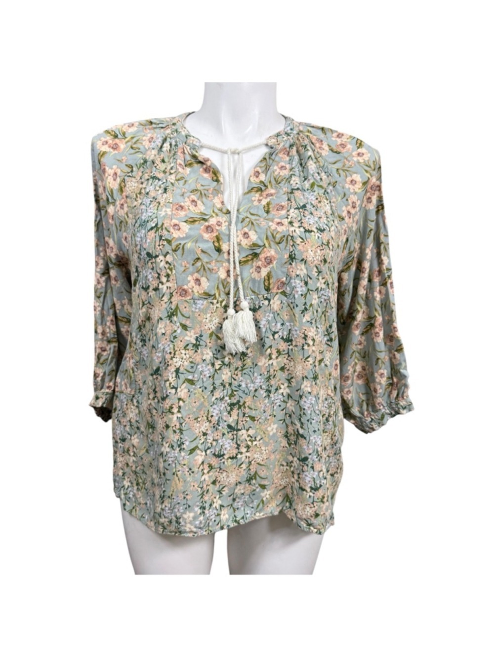 Stitch‎ By Chenault Floral Peasant Blouse XXL Boho Tassel Top